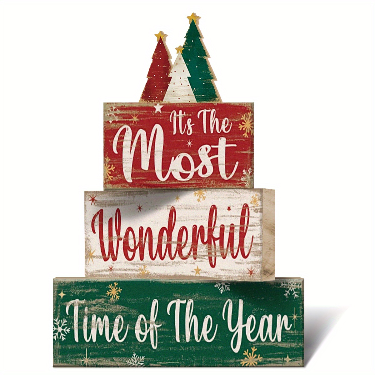 Image of 4pcs Christmas Tree Wooden Tiered Tray Decor, Xmas Table Centerpiece Rustic Decorative Signs For Home, Centerpiece, Gift For Family, New Year