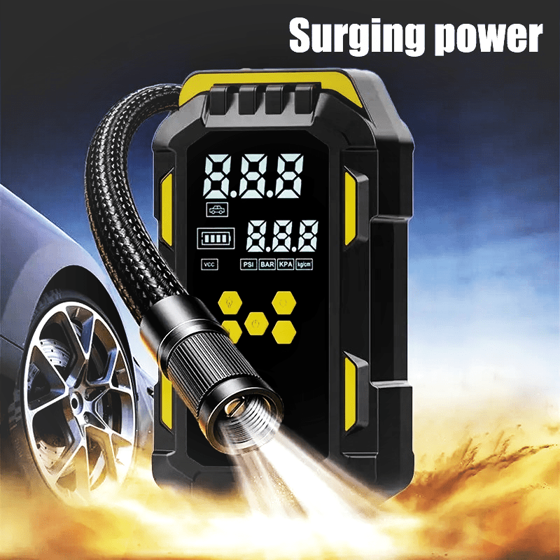 9 in 1 multifunctional heavy duty car battery booster jump starter 150psi air compressor usb rechargeable with lcd pressure display for engine start and tire inflation 5000a 12v suitable for 9l gasoline 8l diesel engines   jumper cables 3   lighting home use or mechanic commercial pump kit Product details 3