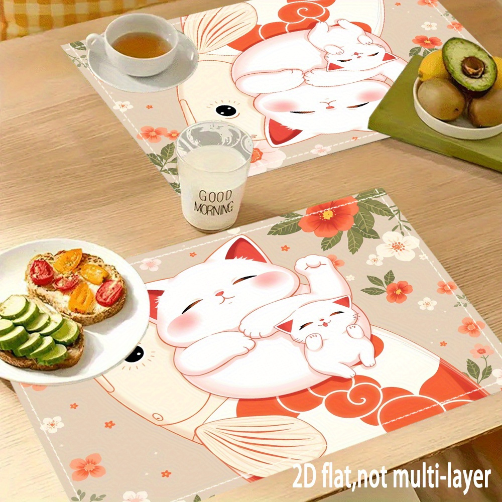 Anime Inspired 2d Flat Placemats Cute White Cat And Goldfish Design_voghion.com