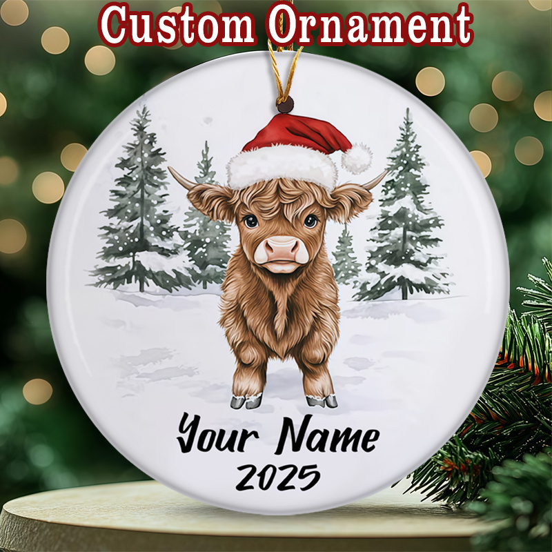 TEMU 1 pièce Ornement Suspendu en Céramique de Vache des Écossaise Personnalisé avec Chapeau de Père Noël - Nom/Numéro Personnalisé & Décoration de