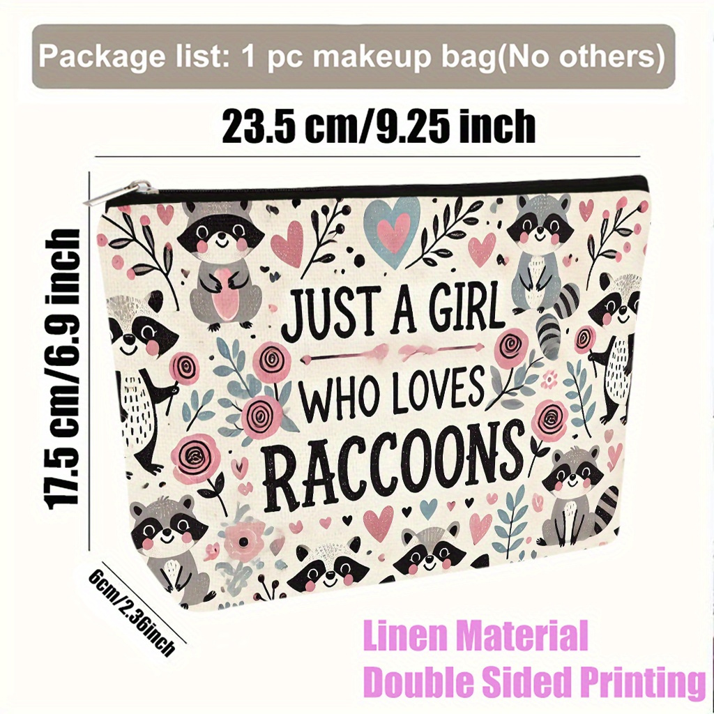 TEMU Makeup Bag 1pc, Loves Raccoons Illustration Large Capacity Cosmetic Bag, Cosmetic Storage, Washable Travel Toiletry Organizer With Zipper