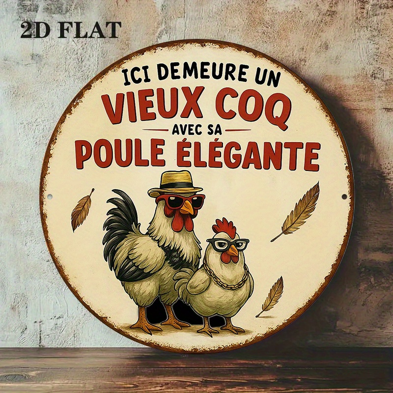 TEMU 2d Flat, 2d Flat - 1 Rustic Chicken Wooden Wall Decor - Round Vintage Rooster Hen Wooden Plaque With French Text, Farmhouse Kitchen Decoration,