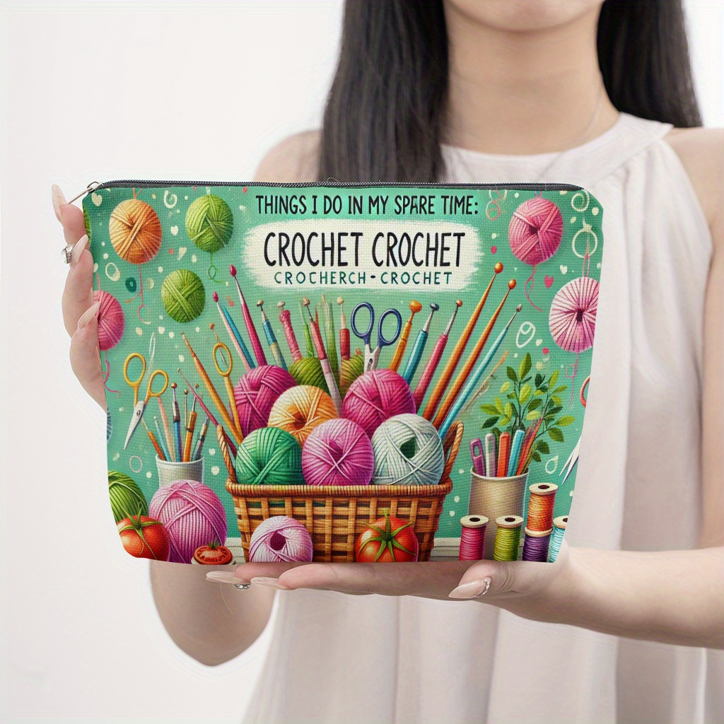 TEMU 1 Large-capacity Crochet Themed Makeup Bag With Yarn And Crochet Print Design - A Zippered Washable Portable Storage Used As A Makeup Bag,