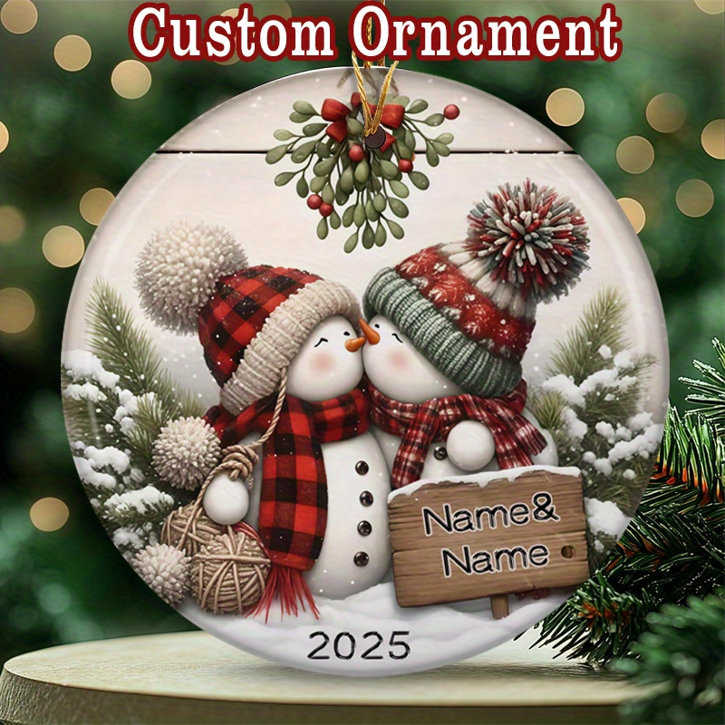TEMU 1pc Personalized Couple Ceramic Hanging Ornament - Custom Names & Plaid Winter Accessories Suitable For Christmas Tree Decoration, Couple Gifts,