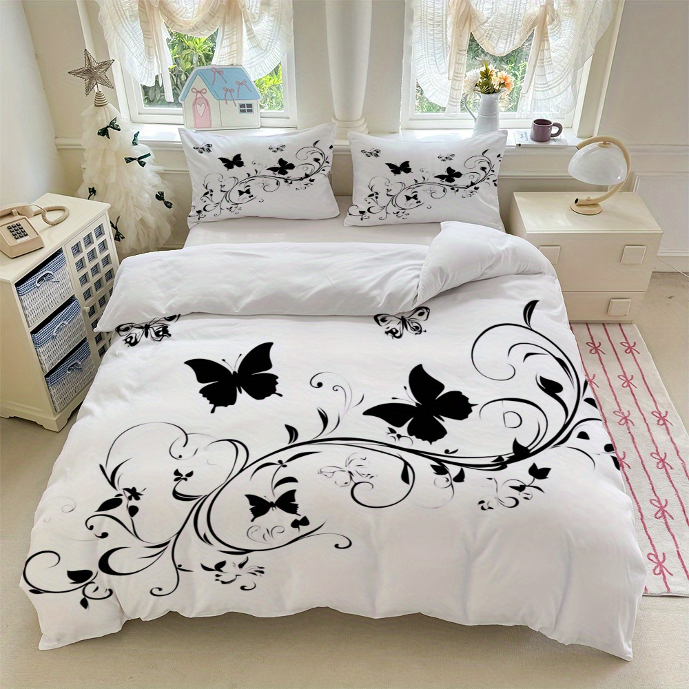 TEMU Bedding Featuring 3 , Vines, And Floral Designs On A White Background (includes 1 Duvet Cover And 2 Pillowcases, Core Not Included). Soft,