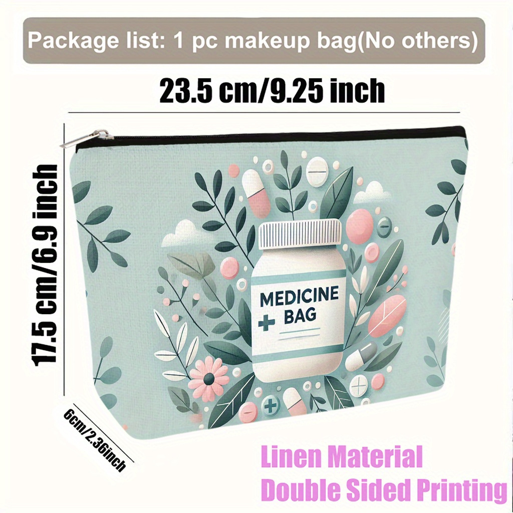 TEMU Makeup Bag 1pc, Medicine And Surrounding Plants Large Capacity Cosmetic Bag, Cosmetic Storage, Washable Travel Toiletry Organizer With Zipper