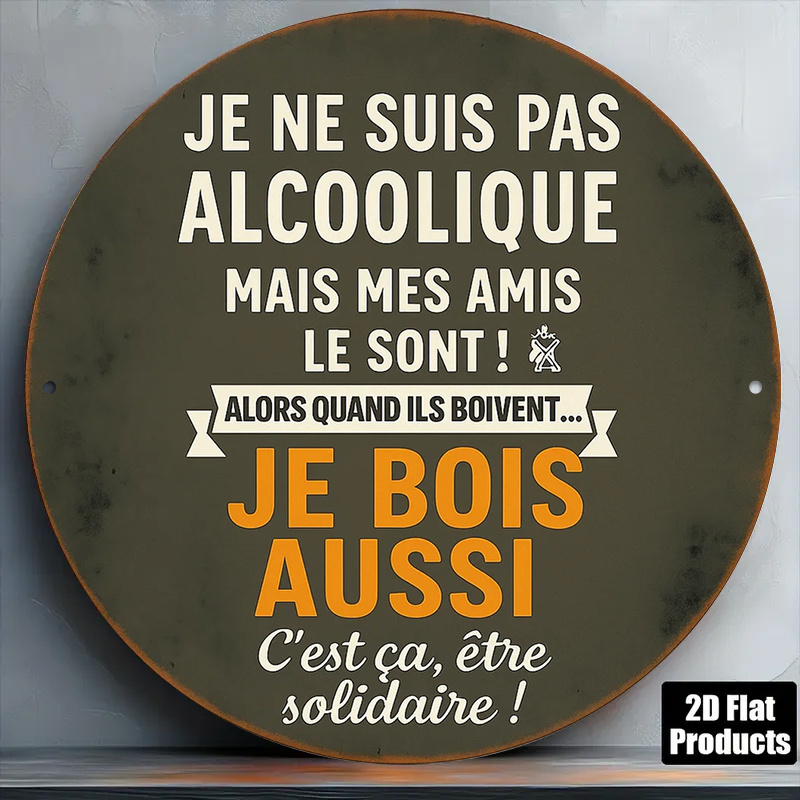 TEMU Plat 2D, [Plat 2D] 1 pièce 2Dflat 20,32x20,32cm Panneau Rond Français en Aluminium sur le Thème de l'Alcool | Plaque Décorative Vintage Adaptée