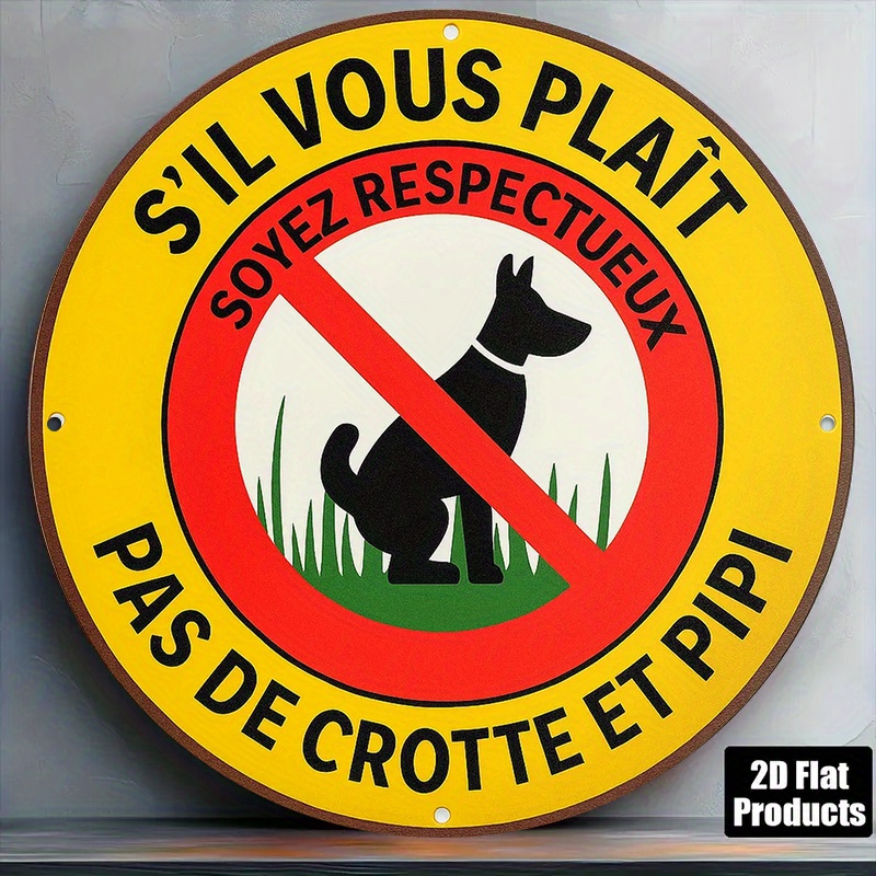 TEMU Panneau Plat 2D - Un panneau plat 2D rond en aluminium de 8X8 pouces en français, avec une décoration vintage qui dit 'No Dog Pooping', une