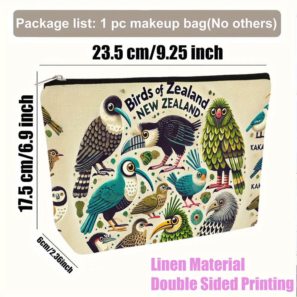 TEMU 1pc Makeup Bag, New Zealand Local Bird Large Capacity Cosmetic Bag, Cosmetic Storage Bag, Zippered Washable Travel Toiletry Bag, Portable School