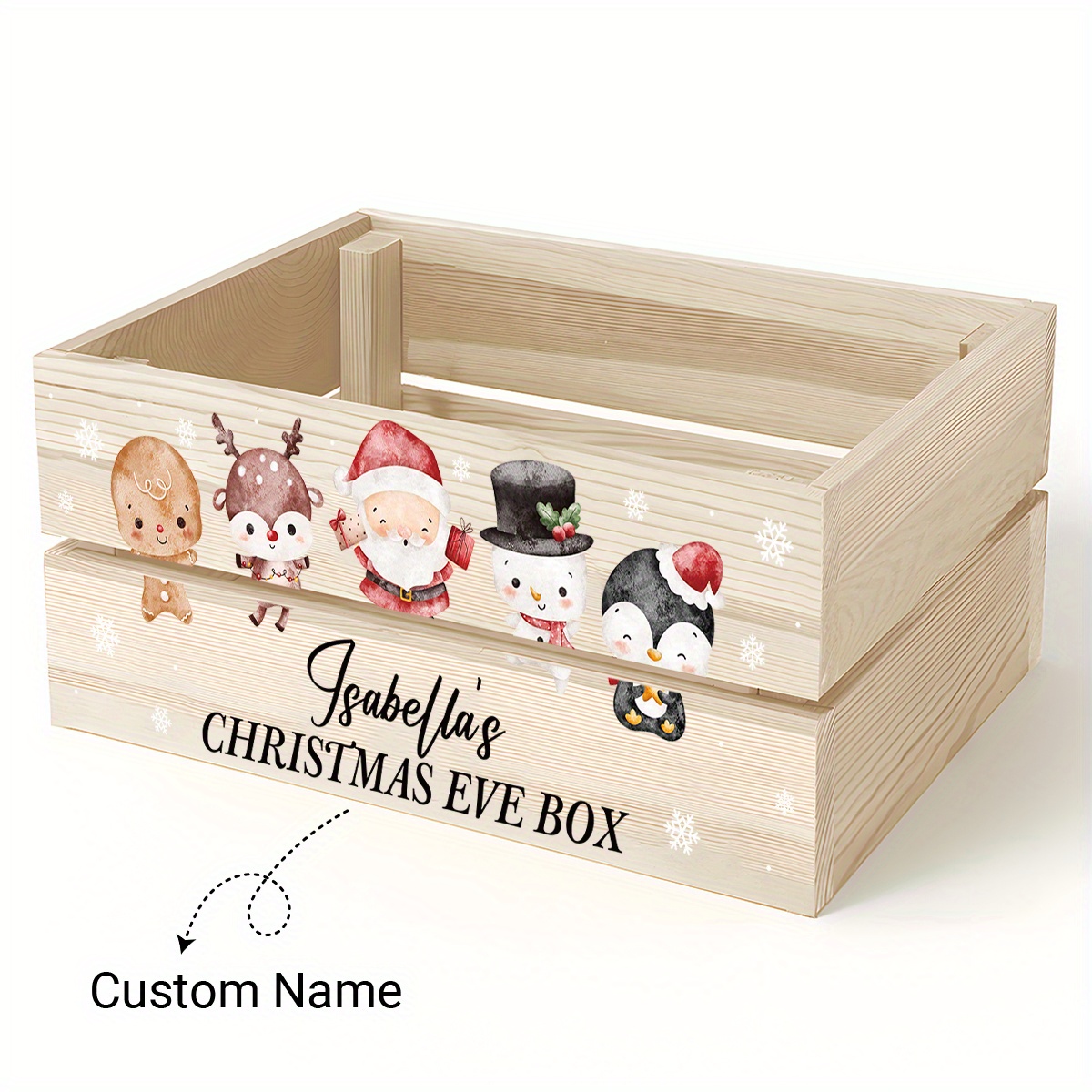 Personalized Name/text Christmas Wooden Storage Box - Wood Open Lid Bin With Santa, Penguin & Gingerbread For Man Print - Holiday Gift, ' Name Label, Festive Organizer ( Wood Grain)