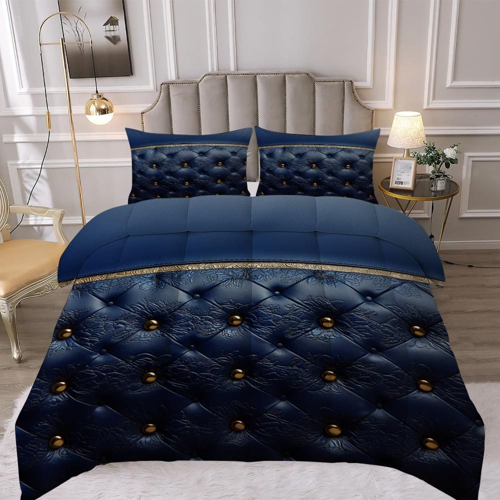 TEMU Latacaca 3pcs Premium Floral Quilted Bedding In Royal Blue With Golden Accents, Includes 1 Comforter And 2 Pillowcases, Gift For Christmas And