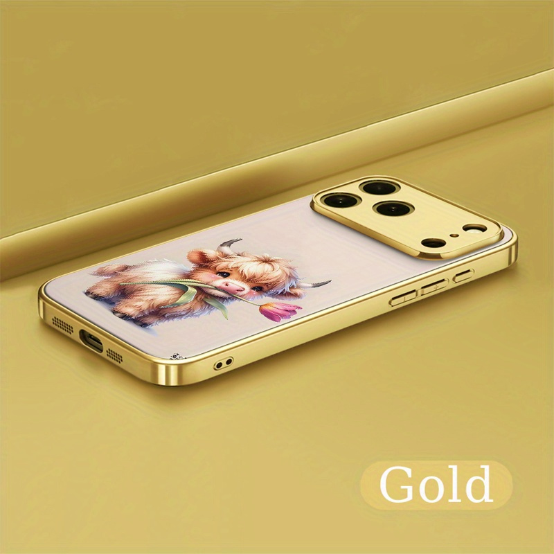TEMU Christmas Gifts Electroplating Tempered Glass Back Adorable Highland Cow With A Pink Tulip In Mouth Pattern Phone Case For 17 Air 16 Pro Max 15
