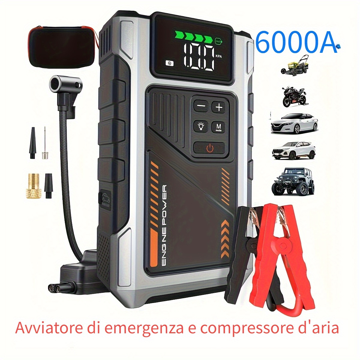 Avviatore Batteria Auto Portatile 7000A | Per Auto, Moto, Barche | Fino A 8.0L Benzina / 6.0L Diesel | Torcia LED E Power Bank USB