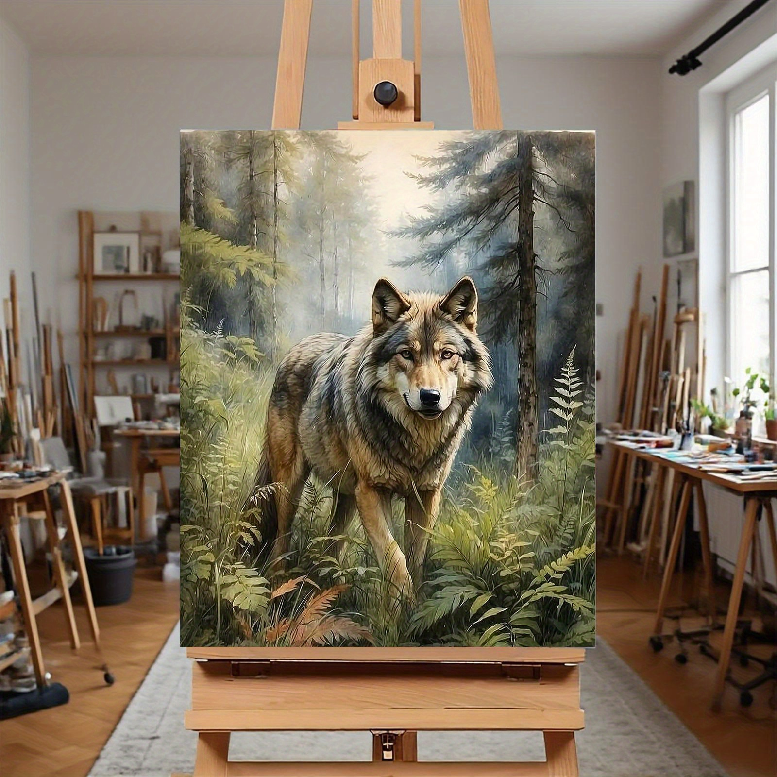 Image of Professional Art Use: A Frameless Oil Painting Kit Featuring A Wolf In , Showcasing The And Nature Of Art. The Product Includes A Canvas, Acrylic Paints, And Brushes. And Paint, Suitable