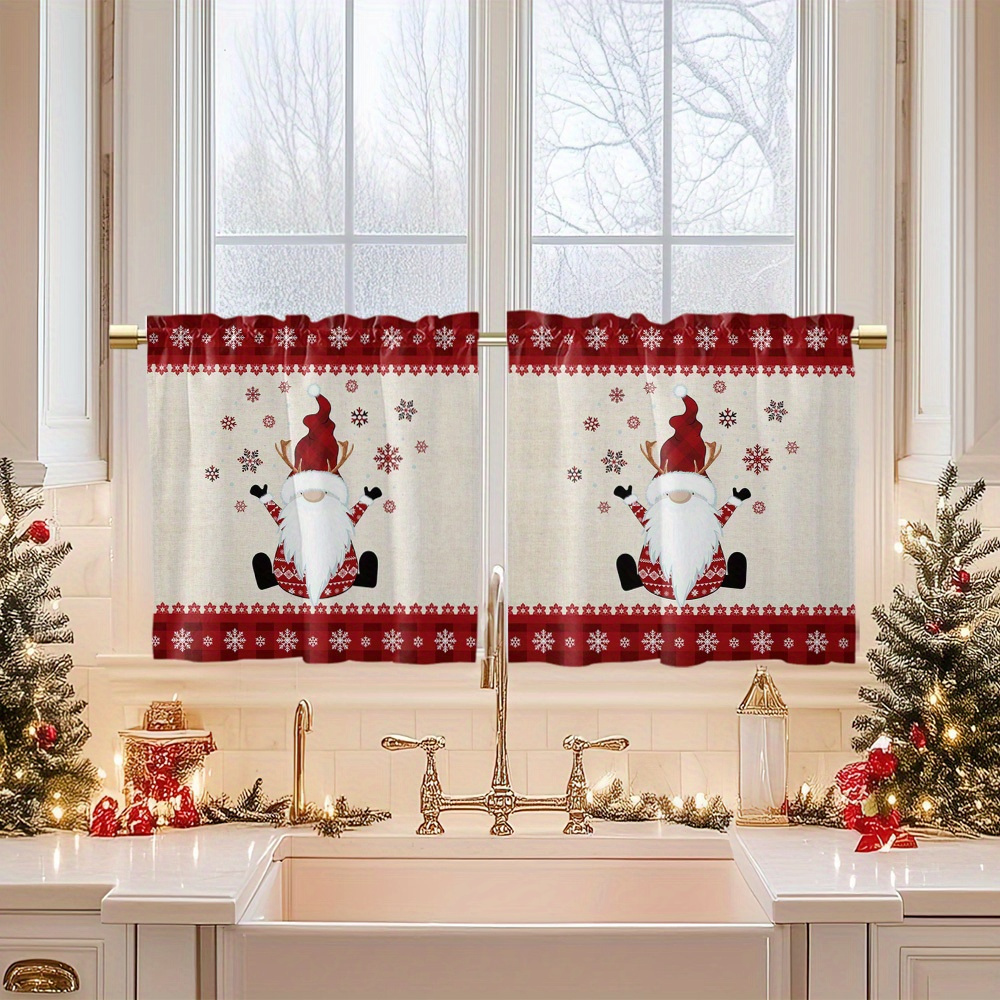 TEMU 2pcs Christmas Small Curtains, Farmhouse-style Vintage Pattern With Santa Claus And Snowflake Elements, Full Of Festive Atmosphere. A Great Item