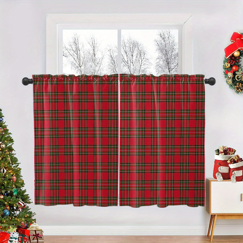 TEMU 2pcs Christmas Curtains, Featuring A Red Checkered Pattern. Suitable For Kitchens, Bedrooms, Living Rooms, Dining Rooms, Bars, Game Rooms, And