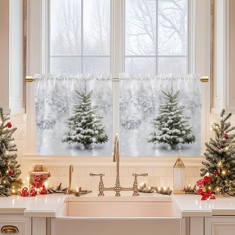 TEMU 2pcs Christmas Small Curtains, Modern Minimalist Snow Scene Christmas Tree Pattern, Suitable For Kitchen, Bedroom, Living Room, Dining Room, Bar