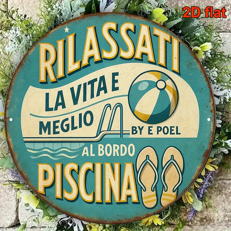 TEMU 2D Piatto, 1pz Insegna Vintage Italiana per Piscina & Decorazione Murale Costiera - Targa Retro Turchese e per Casa al Mare Italiana con Testo "