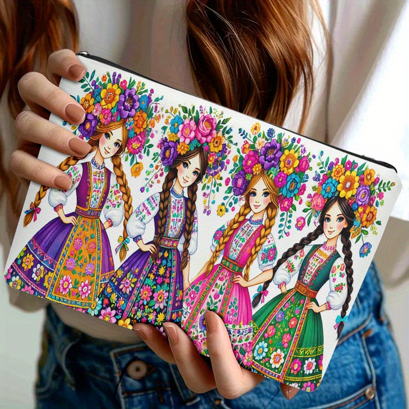 TEMU 1 trousse de Cosmétique, tenue traditionnelle ukrainienne. Trousse de toilette zippée pour femmes avec impression double face | Organisateur de