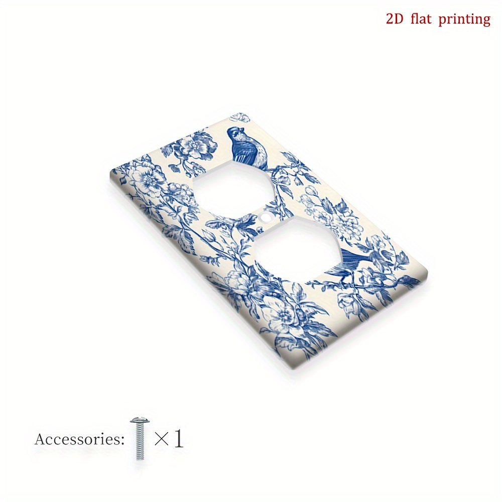 TEMU 1pc For Blue Bird & Floral European-style Outlet Cover Plate - White & Navy Decorative For Switch Plate With -on/fade-resistant 2d Print For
