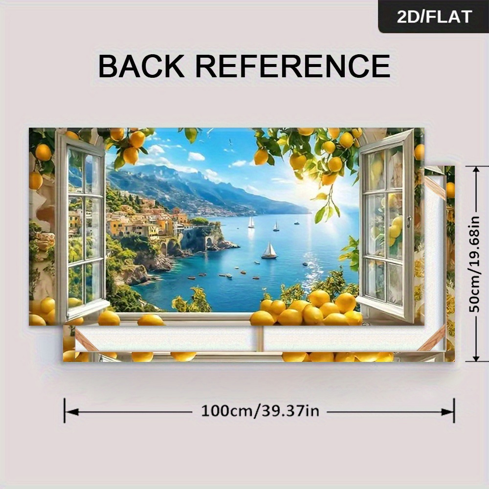 TEMU 1pc Large Modern Lemon Tree & Sea Framed Wall Art - Lemon Tree Wood Frame Wrap-around Canvas Painting (50x100cm/19.68