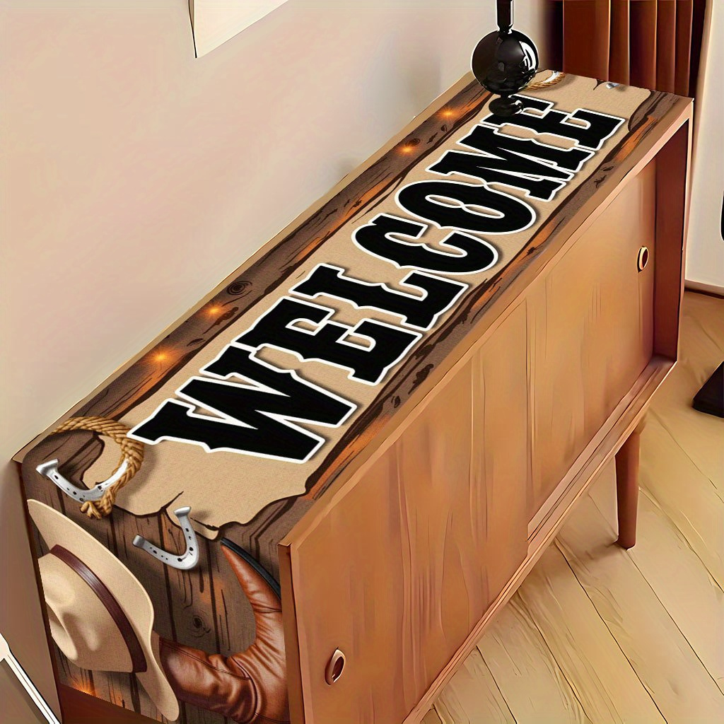TEMU 1pc Of 2d Printed Fabric Featuring A Welcome Sign With A Cowboy Hat And Horseshoe, Creatively Designed Romantic Table Runner, Available In
