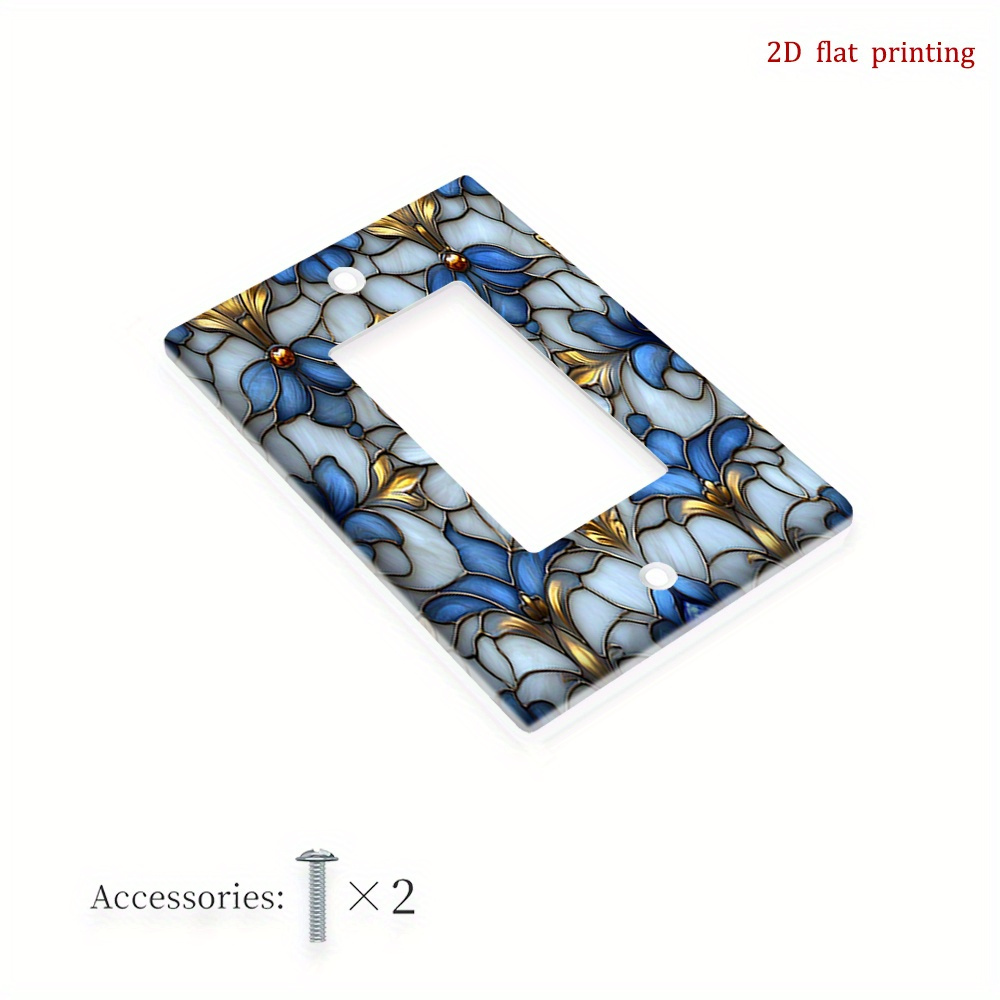 TEMU 1pc Blue And Golden Stained Glass Light Switch Plates And Receptacle Outlet Covers | 2d Flat Printing, , Durable, Pc Plastic, No Electricity Or