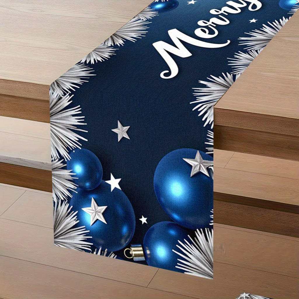 TEMU 1pc 2d Flat Printed Christmas Happy Background In Blue And Silvery, Romantic Printed Creative Table Runner, Rectangular Aesthetic Table Decor,