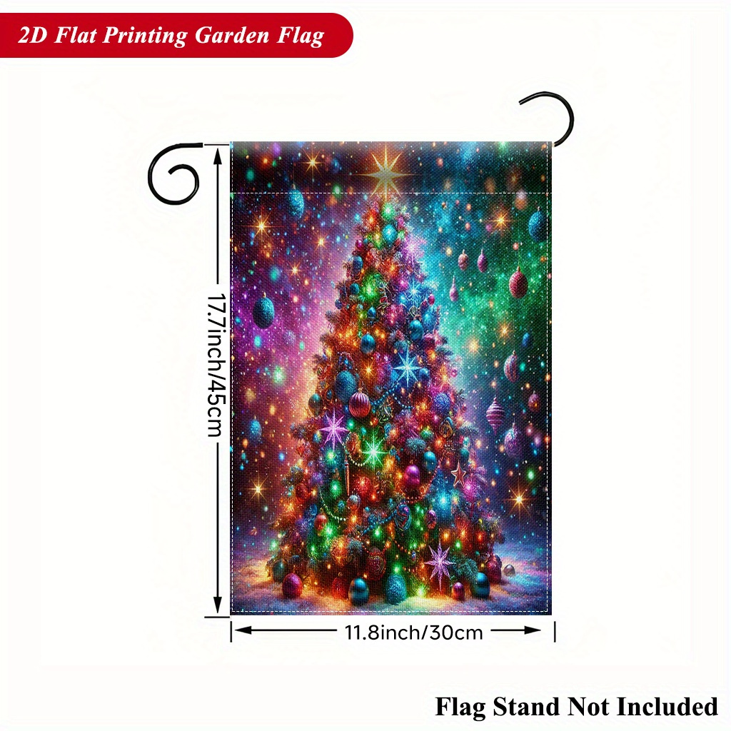 TEMU 2d Flat, 2d Flat Printing Garden Flag 1pc, Colorful Christmas Tree Lights Shine Vibrant Linen Garden Flag, Double-sided Print, Holiday Yard