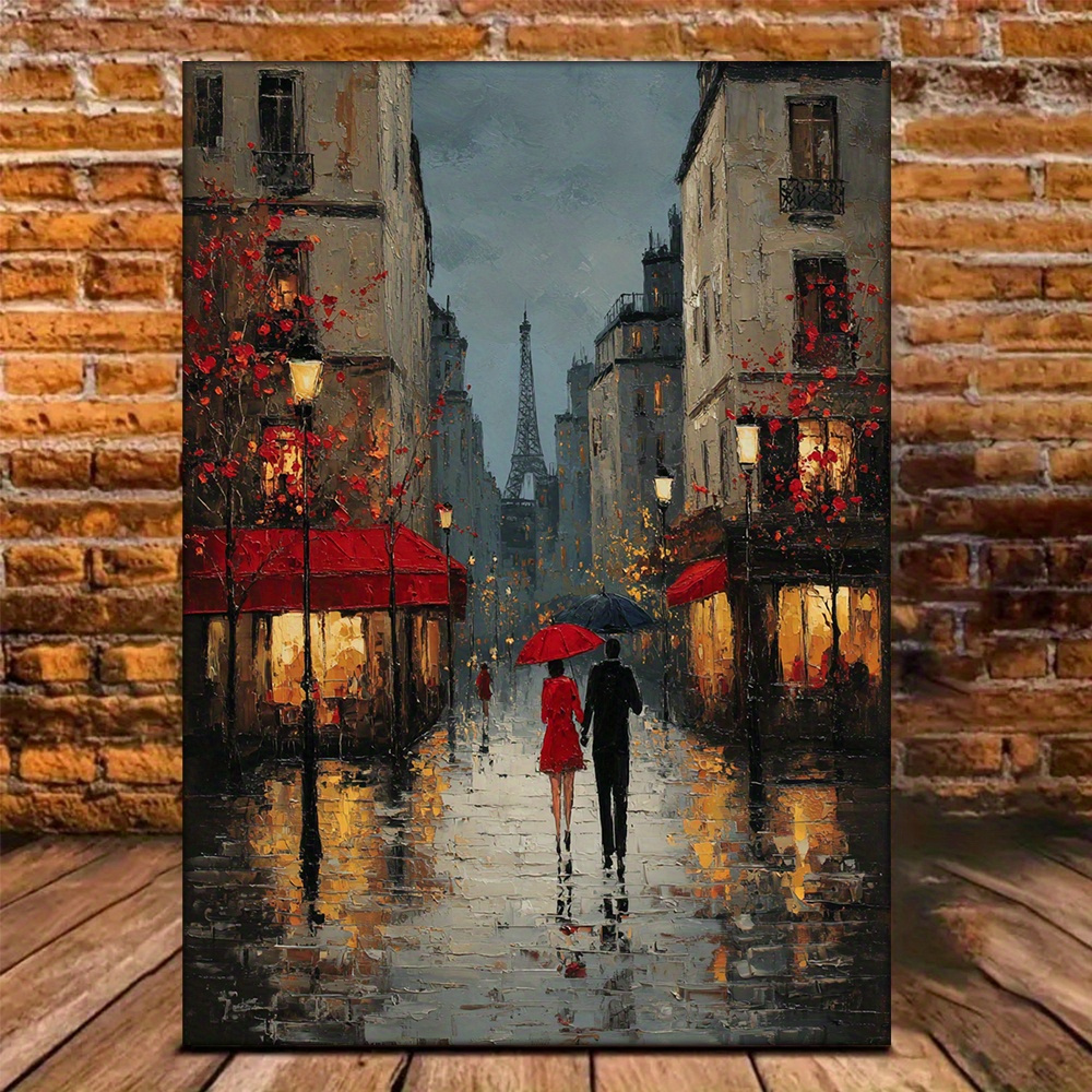 TEMU Plat 2D, 1 pièce Peinture de Pluie Eiffel - Affiche sur Toile Style Impression 12x16 Pouces, Art Couple avec Parapluie Balcon de Style Français,