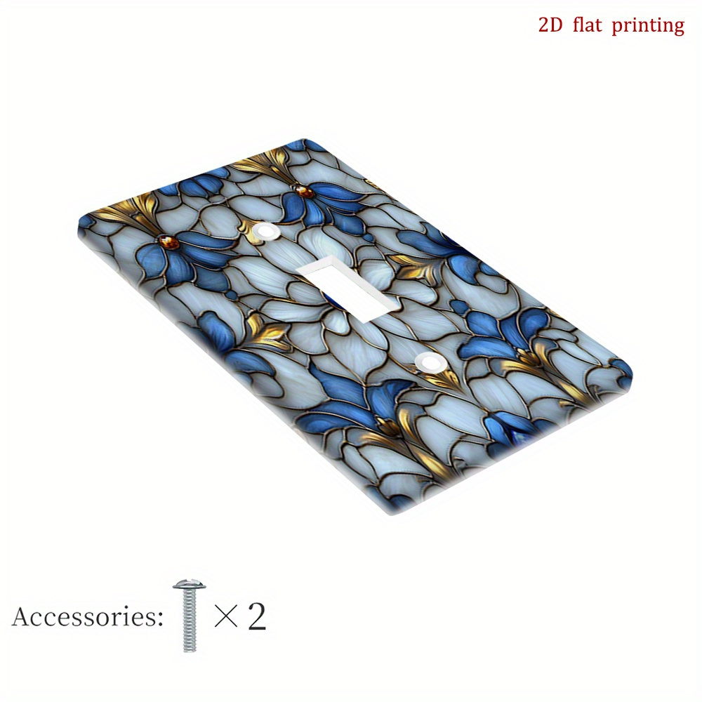 TEMU 1pc Blue And Golden Stained Glass Light Switch Plates And Receptacle Outlet Covers | 2d Flat Printing, , Durable, Pc Plastic, No Electricity Or Battery Required