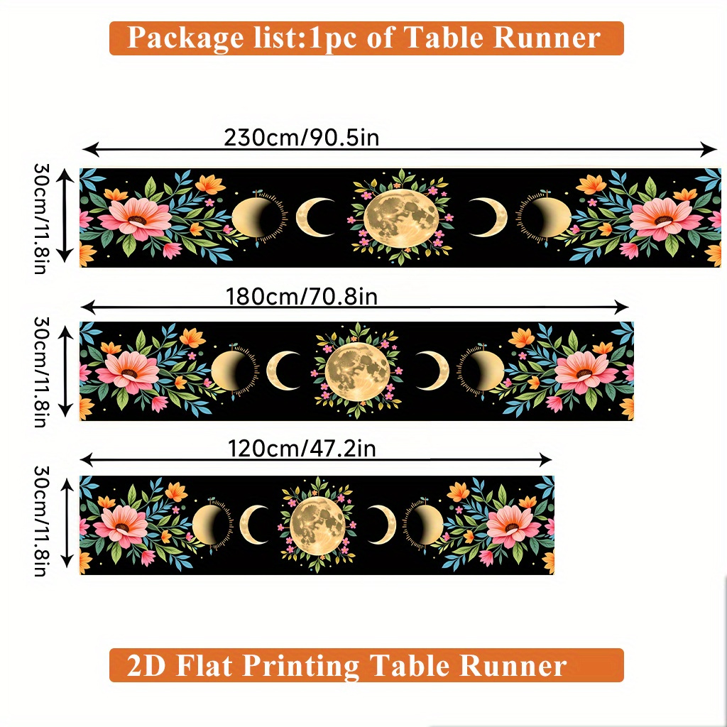 TEMU 1pc 2d Flat Printing Table Runner | Moon And Floral Arrangement Polyester Table Flag For Holiday Dining And Home Decor, Indoor/outdoor Party