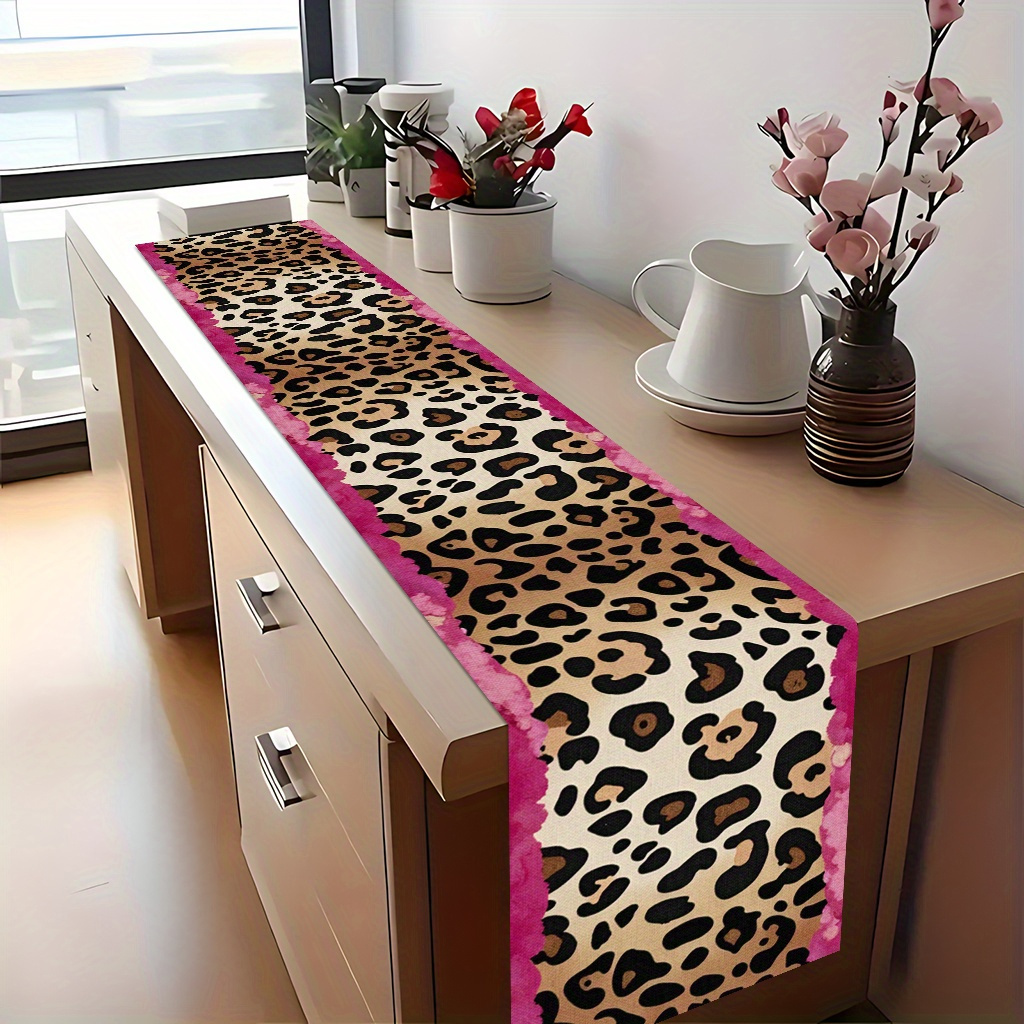 TEMU 2d Flat Printed Table Runner 1pc, Leopard Pattern Pink Border, Bright Polyester Fabric, Holiday Tablecloth, Suitable For Kitchen And Restaurant,