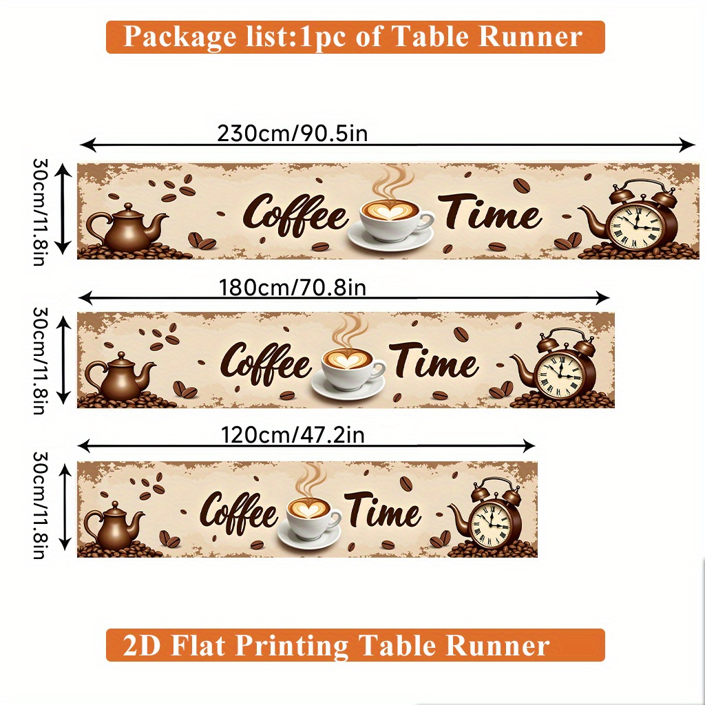 E-shop 2D Flacher Tischläufer ., Kaffeezeit mit Uhr Polyester Tischflagge für Feiertagsessen und , Indoor/Outdoor Partydekoration, Weich und Langlebig,