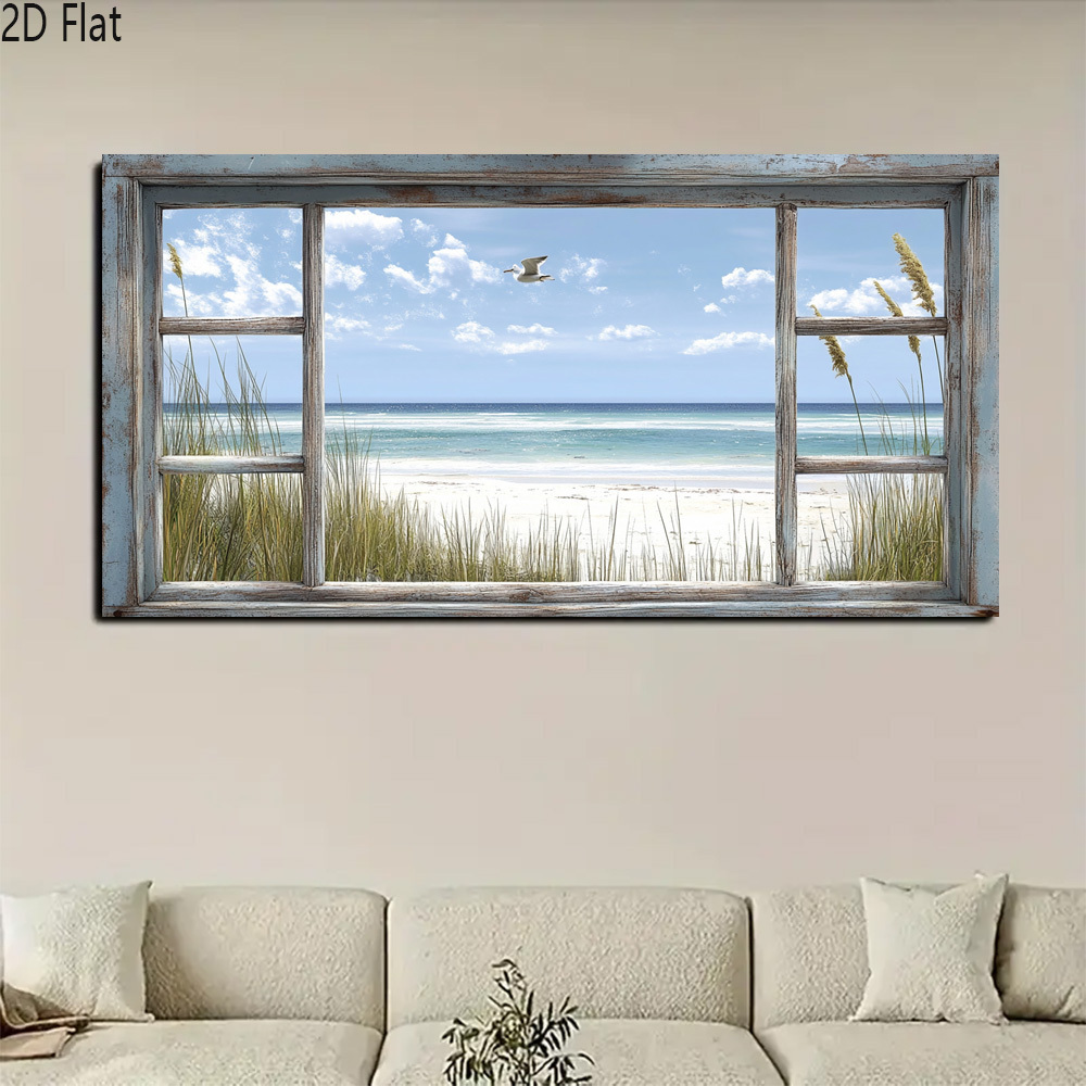 TEMU 2d Flat, 1pc Large Horizontal Beach Wall Art - Turquoise Coastal Framed Canvas Print, Modern Vintage Window Design With Wood Frame For /outdoor,
