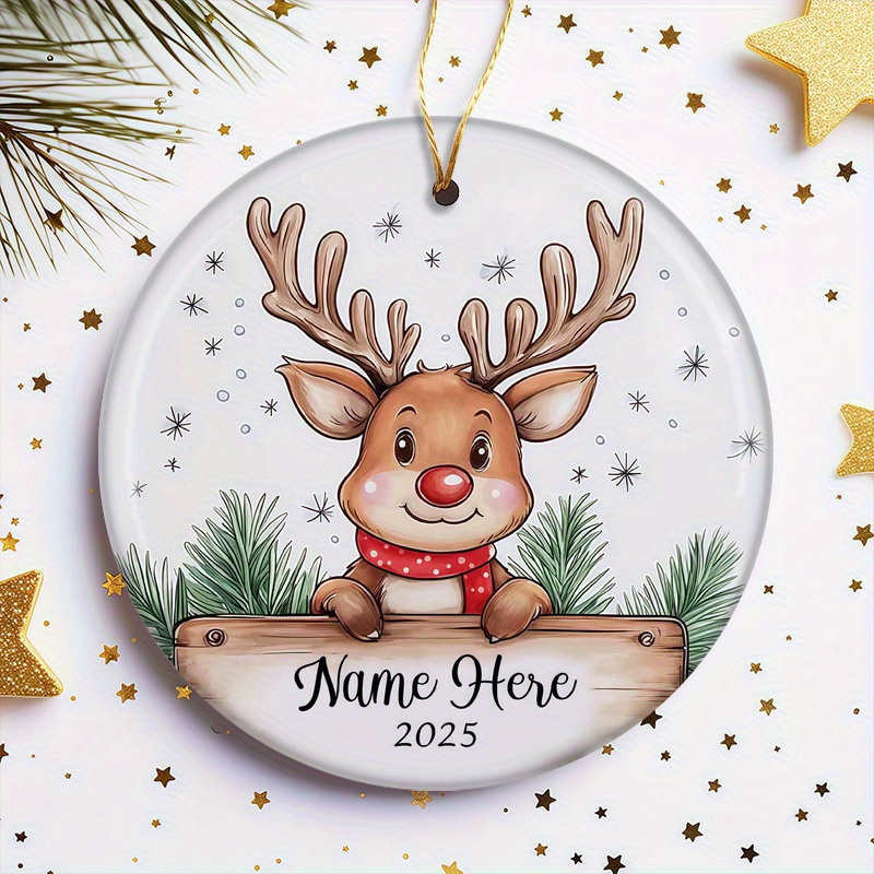 TEMU 2d Flat - Single Customized 2d Christmas Ornament Featuring A Reindeer Looking Over A Blank Sign, Ideal Holiday , Christmas Presents, Sturdy