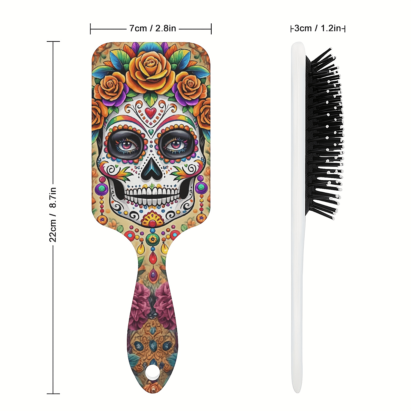 1 Peine con cojín de aire y patrón de calavera colorido, peine lindo para masaje del cuero cabelludo, antiestático, cepillo de pelo de agarre cómodo, peine de mango de ABS duradero, cerdas de nailon, adecuado para todo tipo de cabello, regalos ideales para Halloween, Día de Muertos mexicano