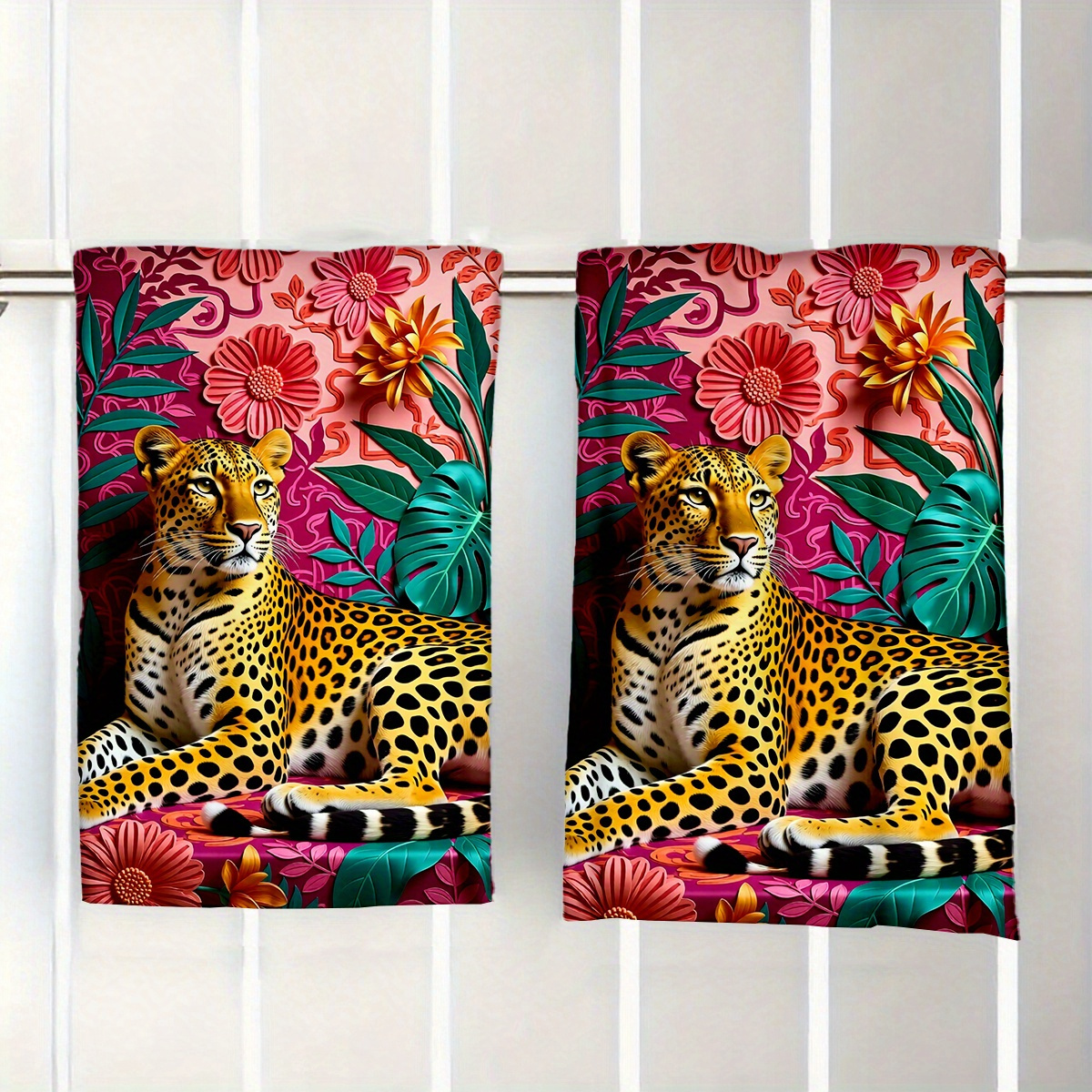TEMU Lot de 2 torchons de cuisine, chiffons à vaisselle avec tampon à récurer, impression sur une seule face, rectangulaires, motif léopard 2D style