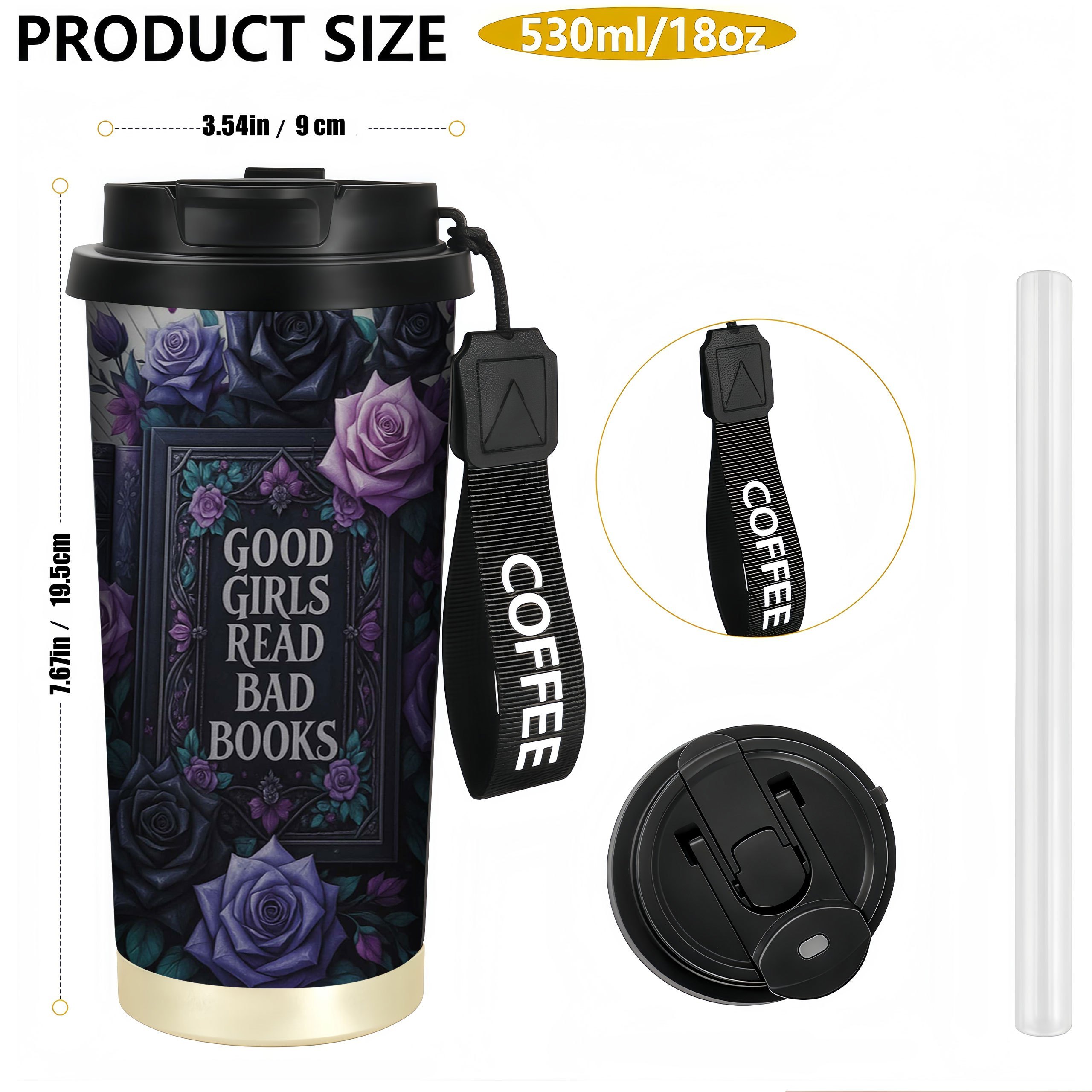 1pc 18oz Coffee Stainless Steel Tumbler, Leak-proof, Gift Idea, Gothic Roses And Books Theme
