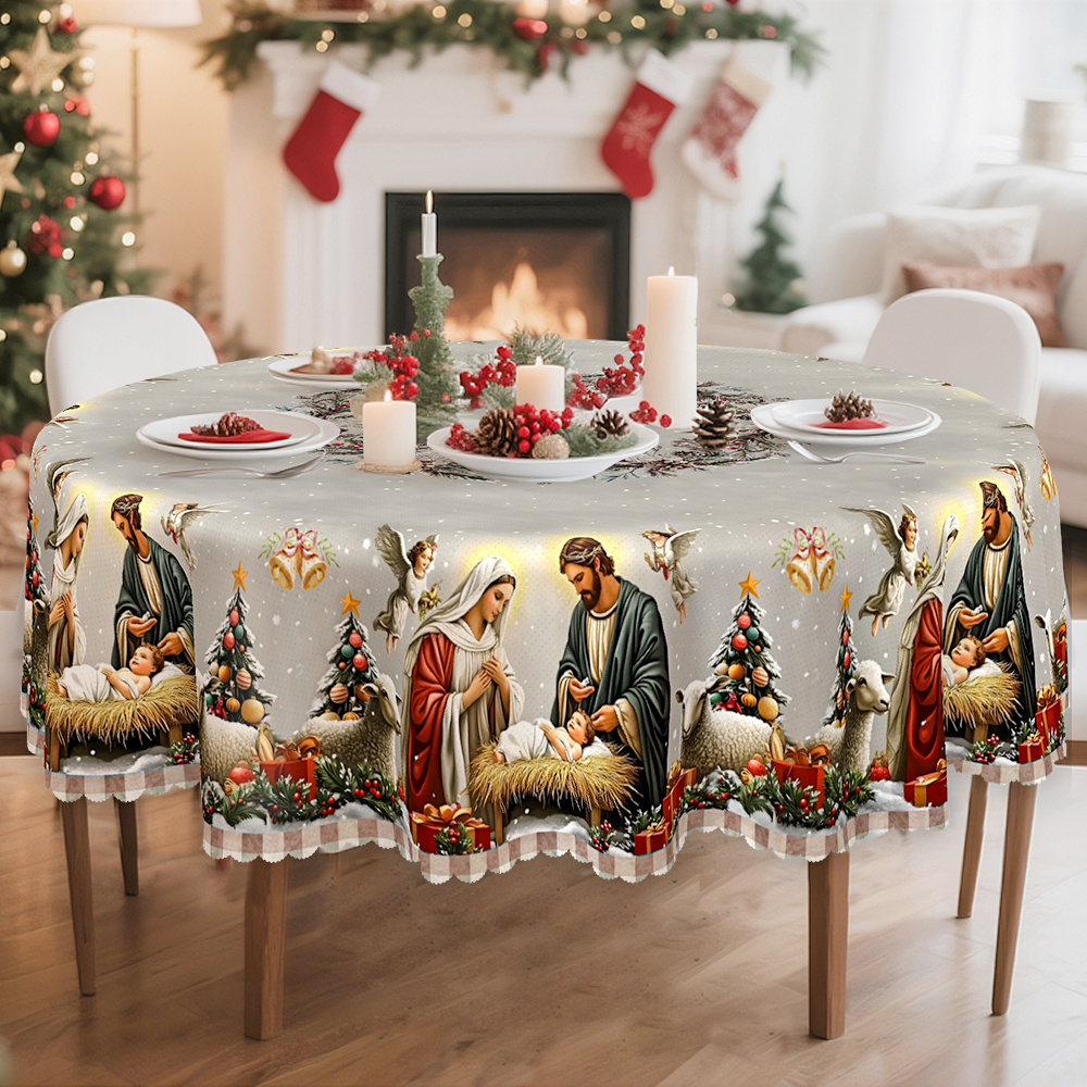 TEMU 1pc Christmas Birth Scene Circular Tablecloth, , Mary, Christmas Tree, Star Shepherd Printed Table Cover, Suitable For Kitchen, Dining Room,