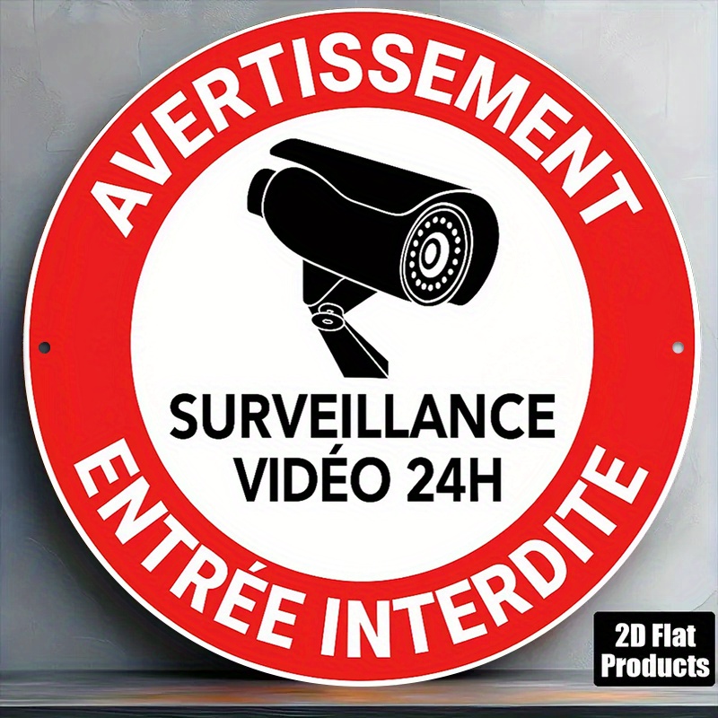 TEMU Panneau d'avertissement français vintage plat 2D, 1 pièce - Plaque métallique ronde bilingue anglais/français de 8 pouces "Surveillance vidéo