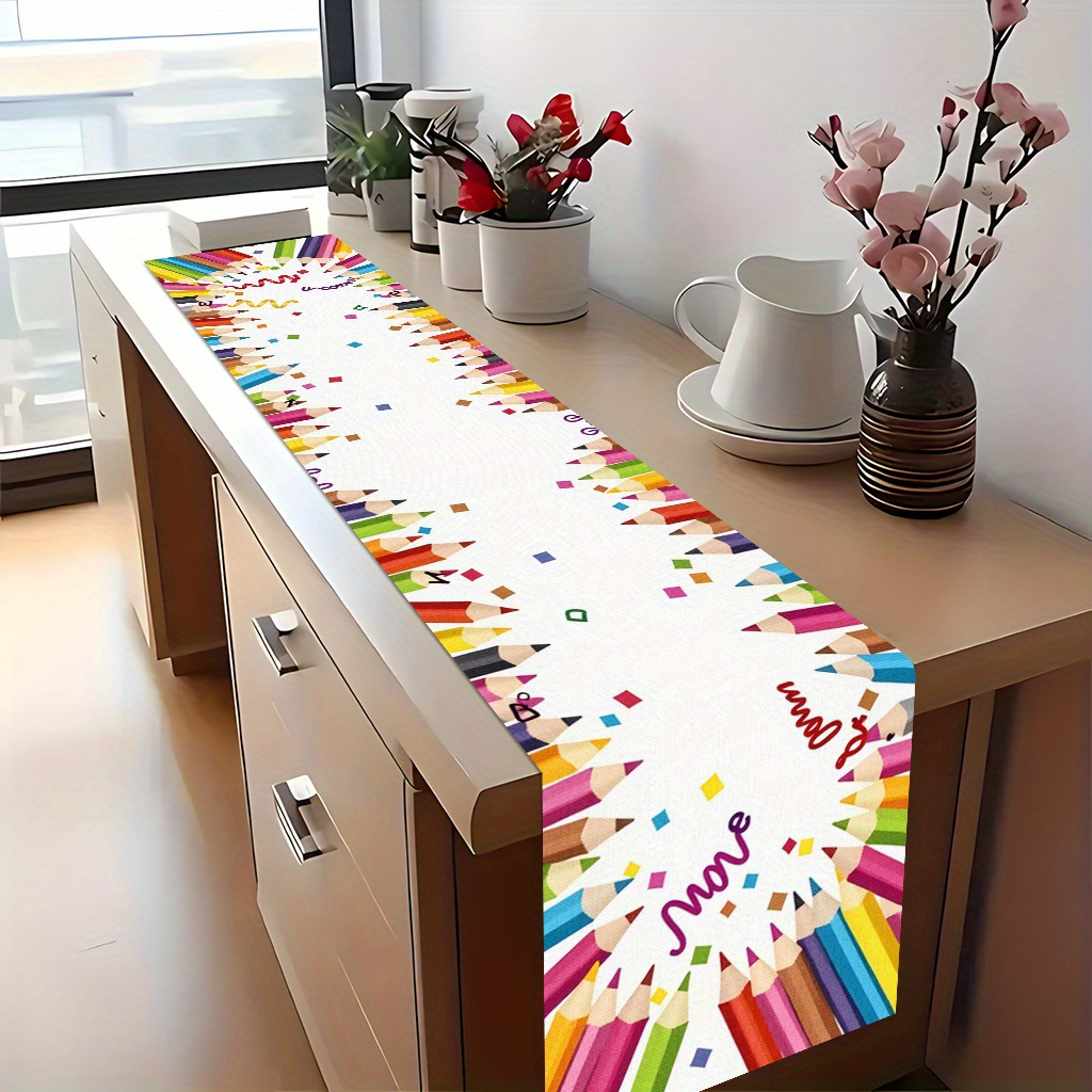 Image of Tablecovers 1pc, Colorful Pencil Border, 100% Rectangular Kitchen Tablecloth, Indoor Decoration, Home Decoration, Suitable For Kitchen Dining, Coffee Gatherings Or Indoor And Outdoor Parties