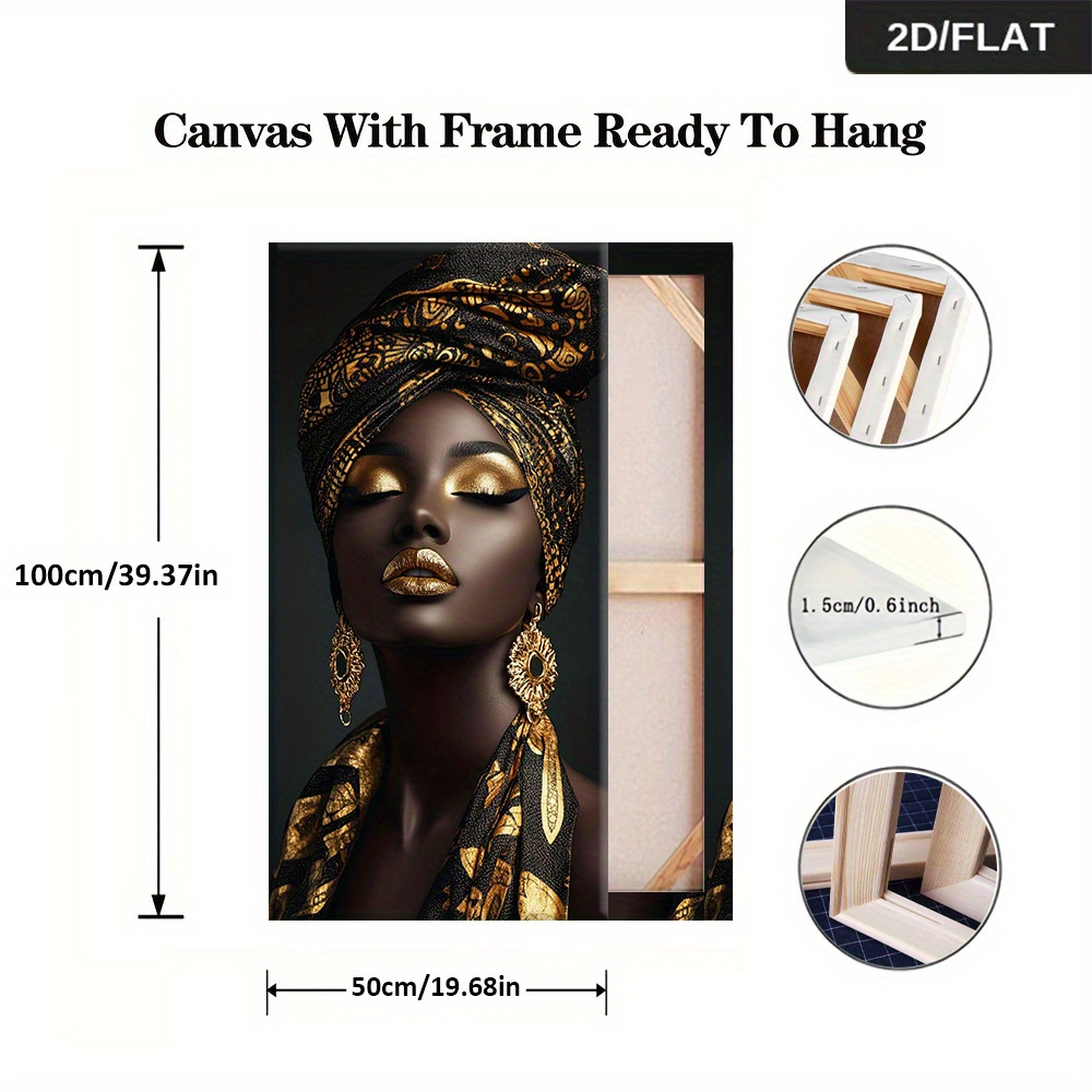 TEMU 2d Flat, 2d Flat, Framed Modern Abstract Canvas Painting Featuring An African Woman, Measuring 19.68 By 39.37 Inches (50 By 100 Cm), Perfect For