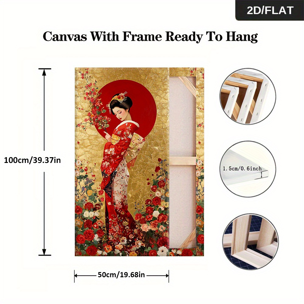 TEMU 1pc Extra Large Japanese Geisha Floral Canvas Painting - Modern Japanese Art Poster With , Golden Background - Large Wall Decor For Living Room,