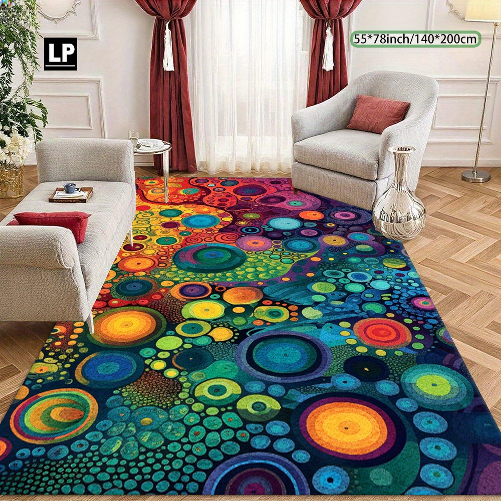 TEMU 850g/ã¡ Velvet, Abstract Art Multicolor Circle Pattern, Soft And Durable, 7mm Thickness With Non-slip Dot Backing & Edges, Machine Washable For 
