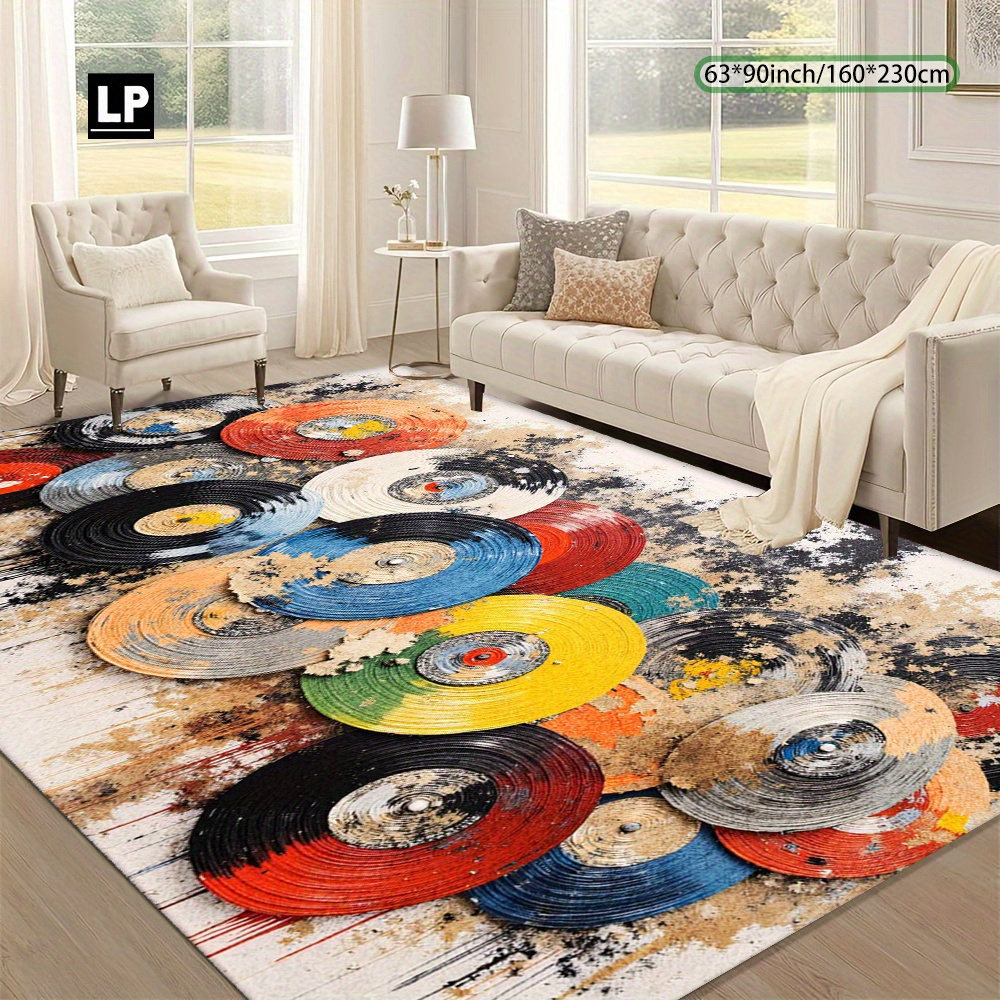 TEMU 850g/ã¡ Velvet Carpet Featuring An Abstract With Colorful Record Patterns, Soft And Durable, 7mm Thickness, Non-slip Dot Plastic Backing,