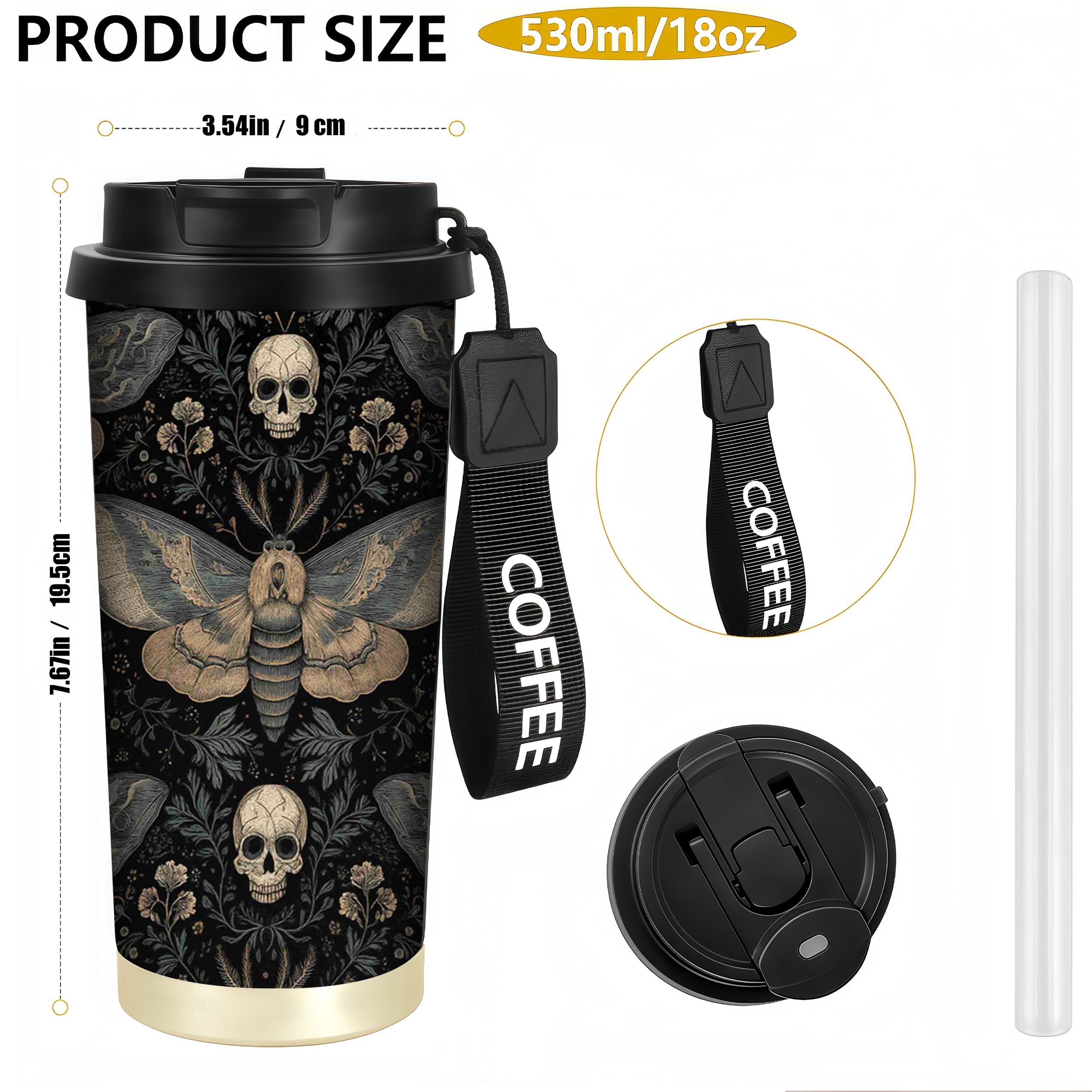 Image of 1pc 1pcs Piece 1pc Stainless Steel Tumbler With Gothic Moth & - 18oz Leakproof, Gothic Mug Suitable For Coffee, Tea, Juice - Ideal For, Office, Travel & Gifts (goth Accessory)