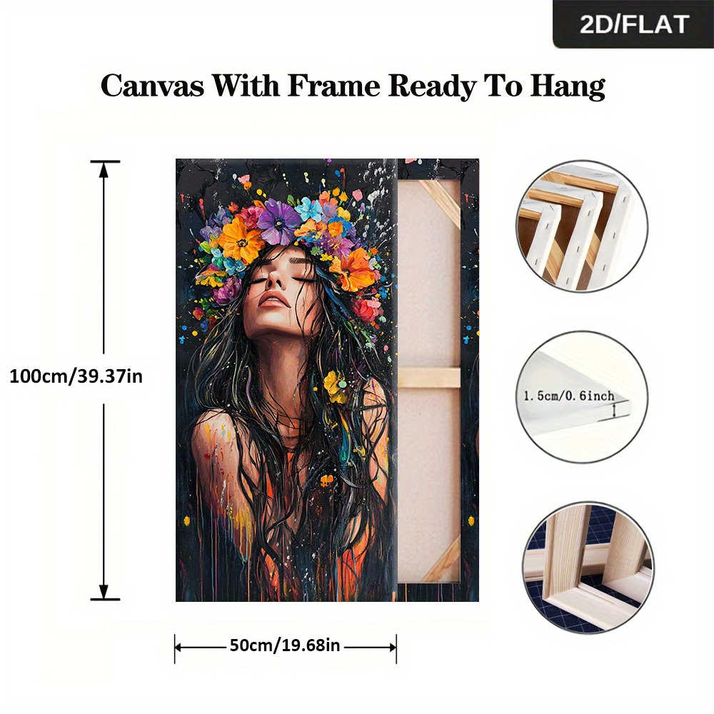 TEMU 2d Flat, 2d Flat, Framed Modern Abstract Canvas Painting Featuring A Colorful Flower Crown Woman, Measuring 19.68*39.37 Inches (50cm*100cm),