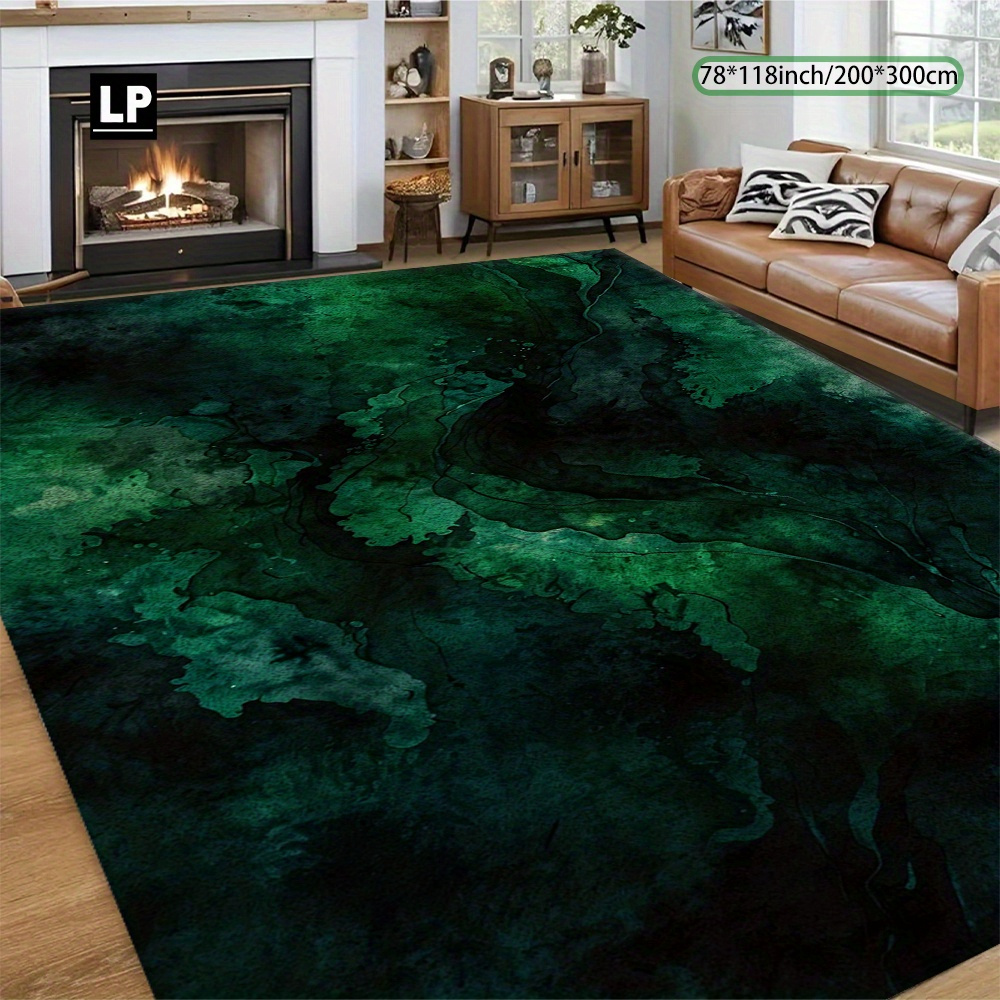 TEMU 850g/ã¡ Velvet Carpet With Abstract Art In Dark Green Ink Stains, Soft And Durable, 7mm Thickness, Non-slip Dotted Plastic Backing, Double-locke