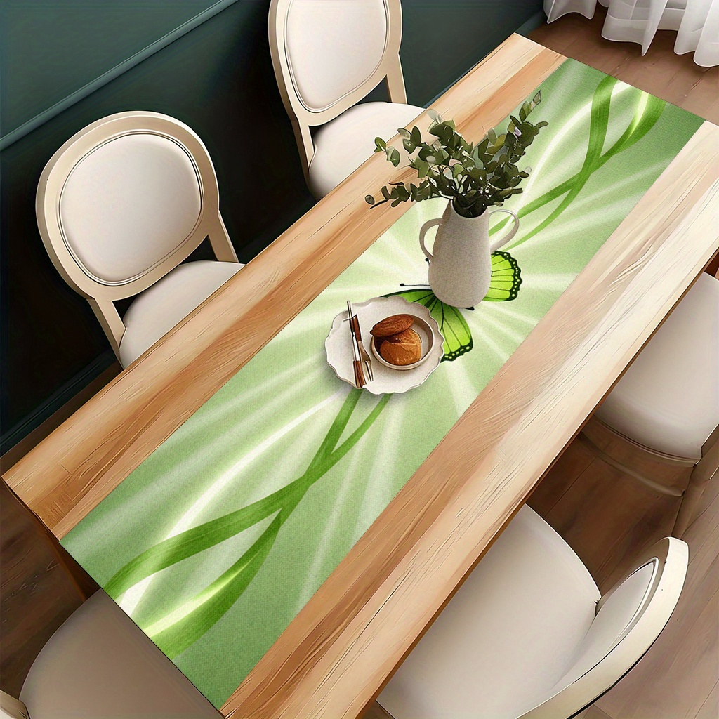 E-shop 2D-flach bedruckter Tischläufer ., grüner Schmetterling Lichtwelle, heller Polyesterstoff, Feiertagstischdecke, geeignet für Küche Restaurant,